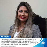 ANTEPROJETO DE LEI DE Nº 04/2021 VISA INSTITUIR O PROGRAMA DE DISTRIBUIÇÃO DE ABSORVENTES HIGIÊNICOS, NO ÂMBITO DO MUNICÍPIO DE CONCEIÇÃO DE MACABU E DÁ OUTRAS PROVIDÊNCIAS.