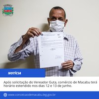 Após solicitação do Vereador Guta, Comércio de Macabu terá horário estendido nos dias 12 e 13 de junho. 