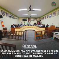 Câmara Municipal aprova repasse de R$ 200 mil para o Asilo Santo Antônio e APAE de Conceição de Macabu. 