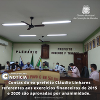CONTAS DO EX-PREFEITO CLÁUDIO LINHARES REFERENTES AOS EXERCÍCIOS FINANCEIROS DE 2015 E 2020 SÃO APROVADAS POR UNANIMIDADE.