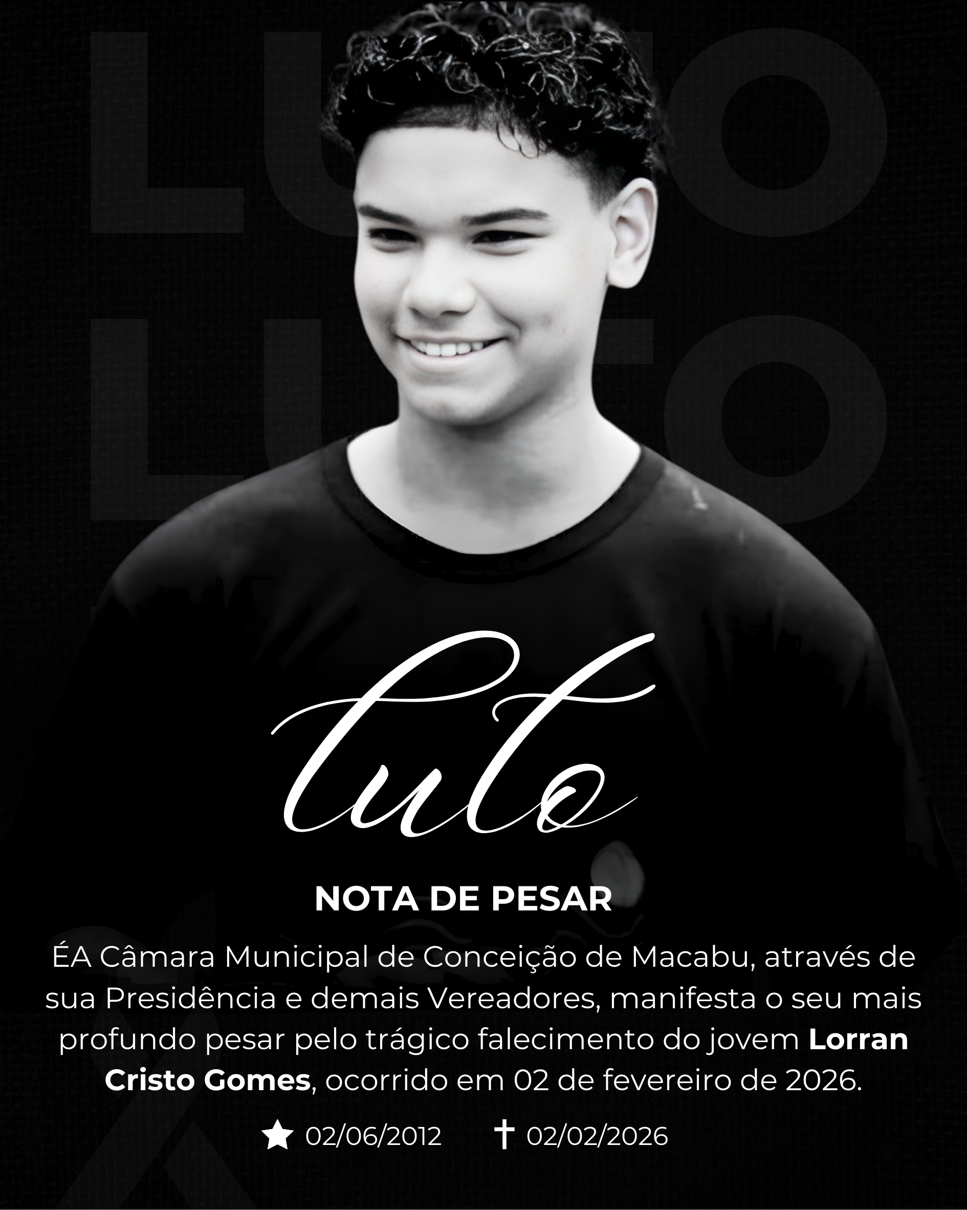 Câmara de Conceição de Macabu decreta Luto Oficial de três dias pelo falecimento de Lorran Cristo Gomes