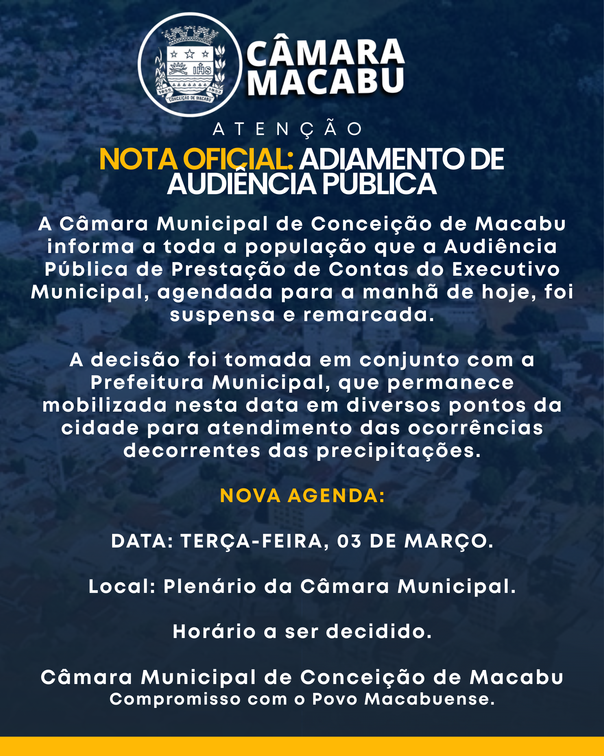 NOTA OFICIAL: ADIAMENTO DE AUDIÊNCIA PÚBLICA